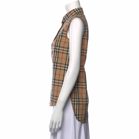 BURBERRY CHECK PLAID SLEEVELESS COTTON POPLIN SHIRT - Picture 3 of 11